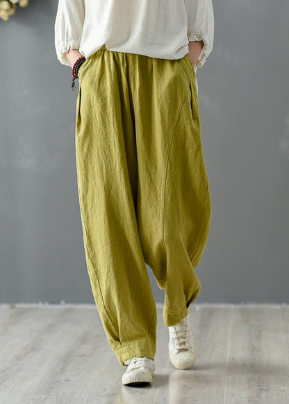 Yellow Pockets Elastic Waist Linen Pants Spring