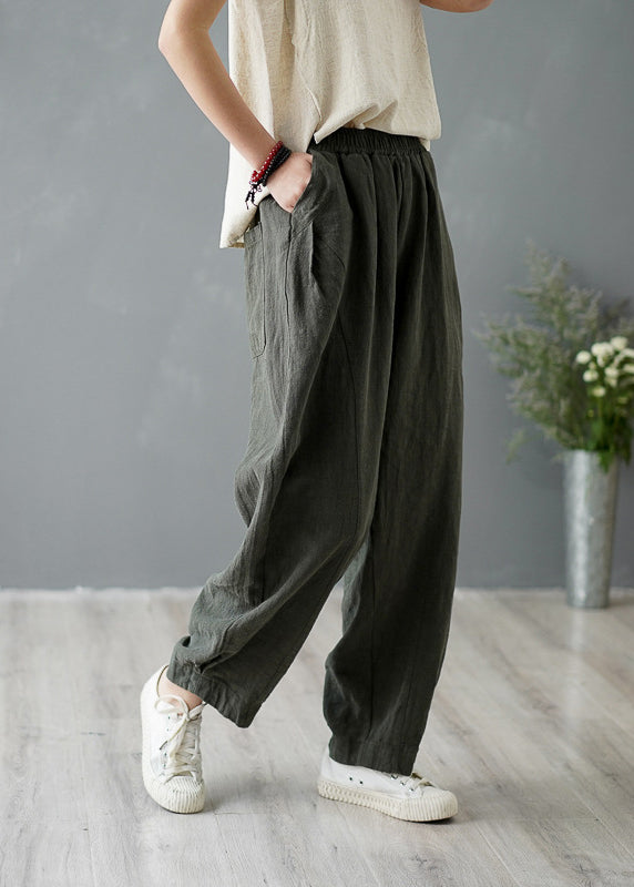 Yellow Pockets Elastic Waist Linen Pants Spring