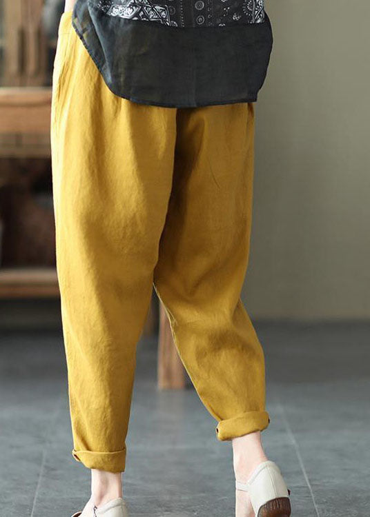 Yellow Pockets Patchwork Elastic Waist Linen Pants Summer
