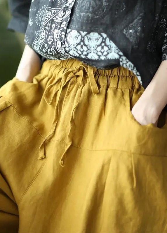 Yellow Pockets Patchwork Elastic Waist Linen Pants Summer