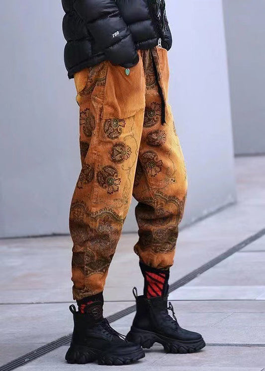 Yellow Pockets Print Elastic Waist Corduroy Pants Spring