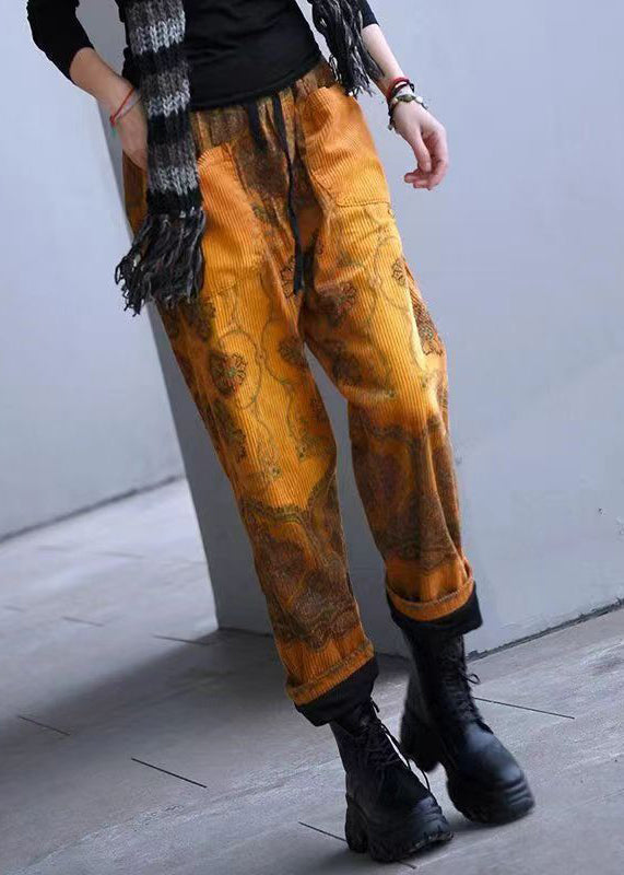 Yellow Pockets Print Elastic Waist Corduroy Pants Spring