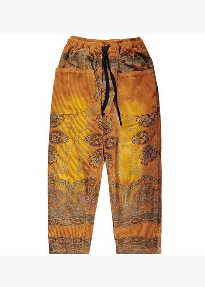 Yellow Pockets Print Elastic Waist Corduroy Pants Spring