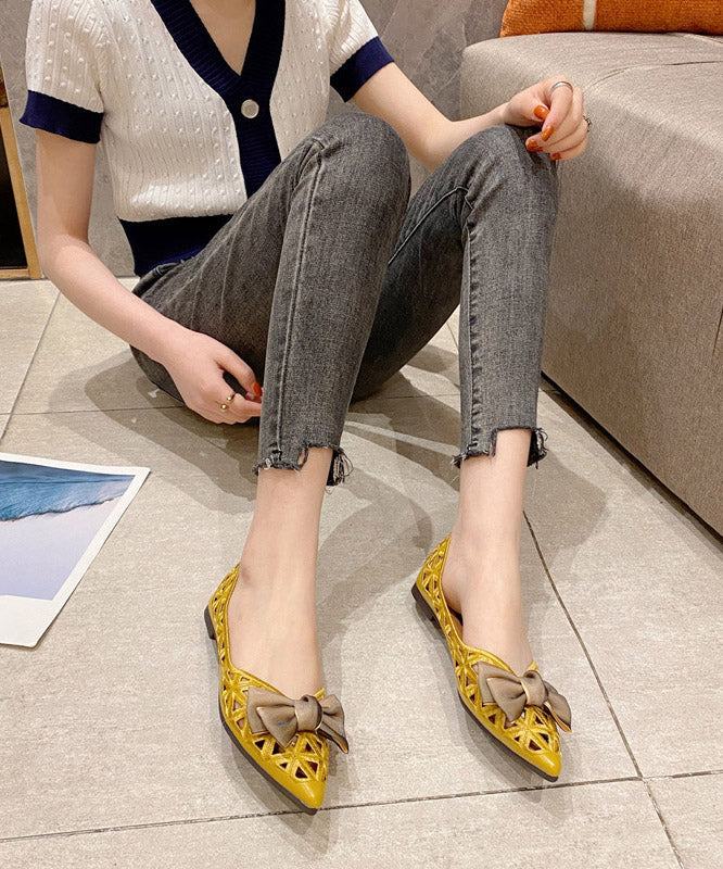 Yellow Pointed Toe Hollow Out Bow Flat Feet Shoes