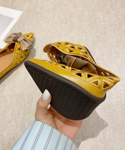 Yellow Pointed Toe Hollow Out Bow Flat Feet Shoes