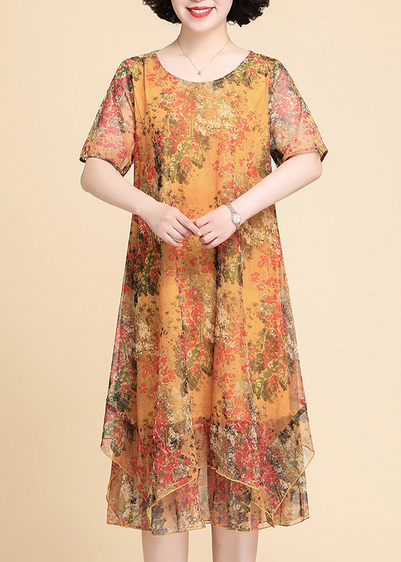 Yellow Print Chiffon Maxi Dress Summer