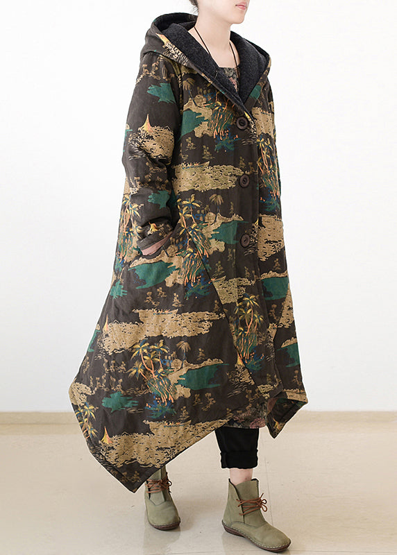 Yellow Print Warm Thick Hooded Long Parka Coats Winter