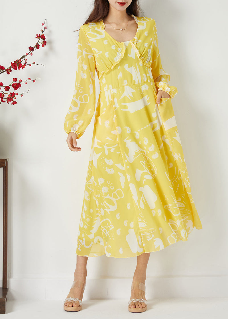 Yellow Ruffled Cinched Print Chiffon Dress Summer