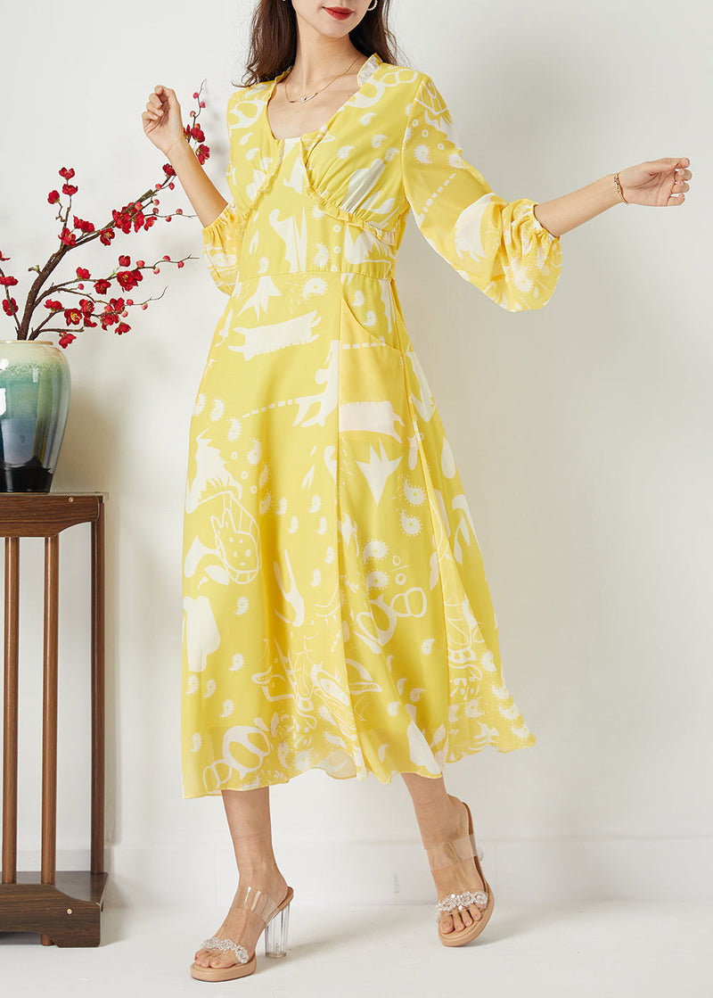 Yellow Ruffled Cinched Print Chiffon Dress Summer