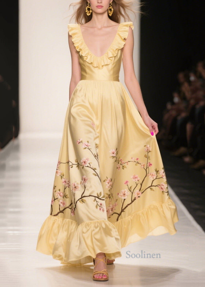 Yellow Ruffles Print Silk Vestidos Dress Summer