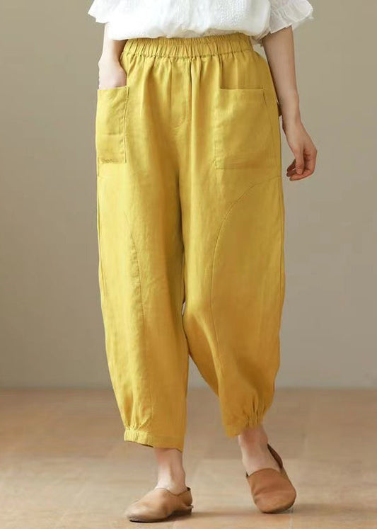 Yellow Elastic Waist Cotton Harem Pants Summer