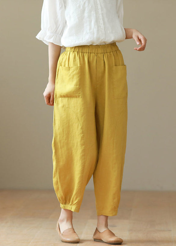 Yellow Elastic Waist Cotton Harem Pants Summer