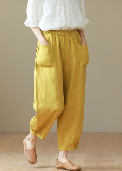 Yellow Elastic Waist Cotton Harem Pants Summer