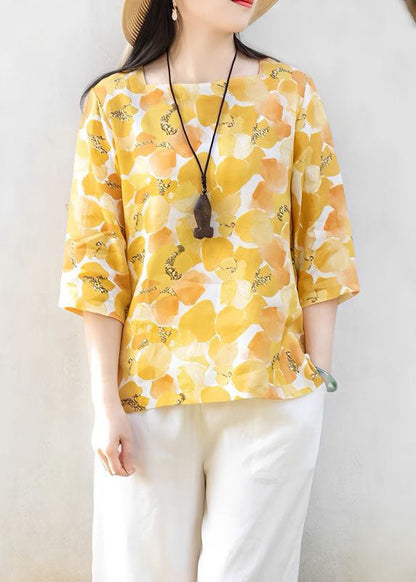 Yellow Square Collar Print Linen T Shirts Top Summer