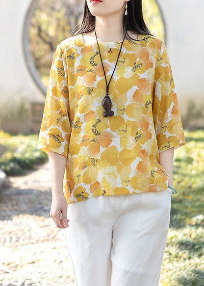 Yellow Square Collar Print Linen T Shirts Top Summer