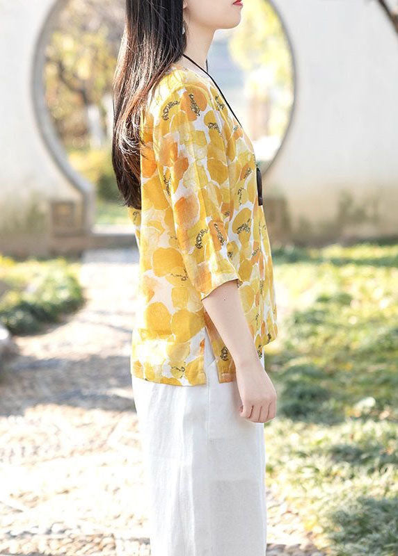 Yellow Square Collar Print Linen T Shirts Top Summer