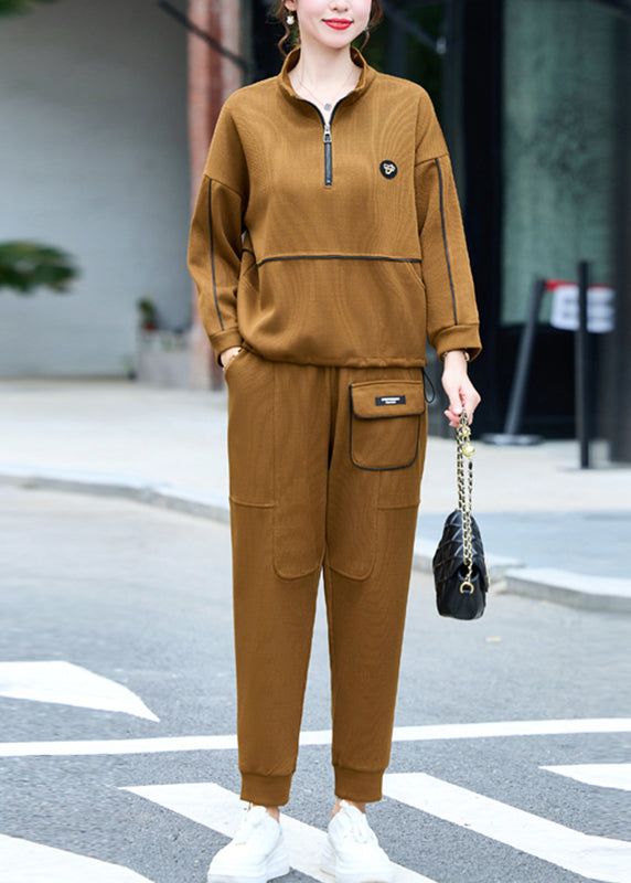 Yellow Stand Collar Patchwork Drawstring Top and Harem Pants Two Piece Set Fall