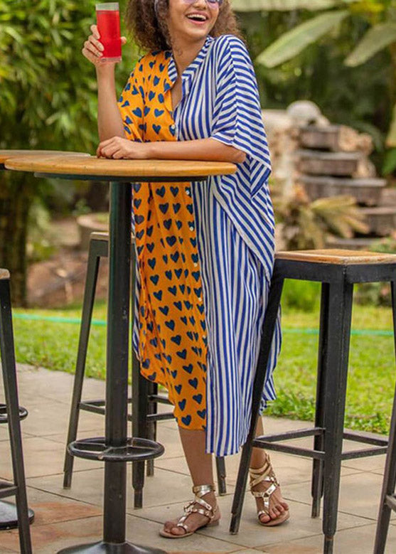 Yellow Stand Collar Striped Button Button Maxi Dresses Summer