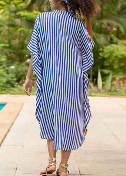 Yellow Stand Collar Striped Button Button Maxi Dresses Summer