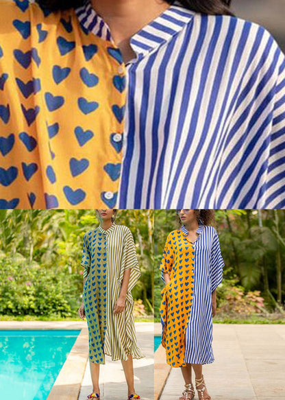 Yellow Stand Collar Striped Button Button Maxi Dresses Summer