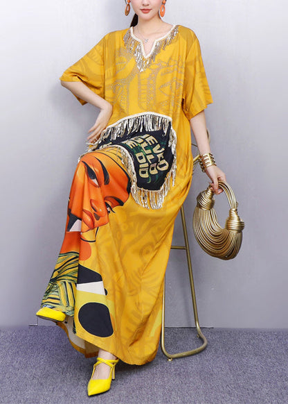 Yellow Tasseled Print Cotton Maxi Dress Summer
