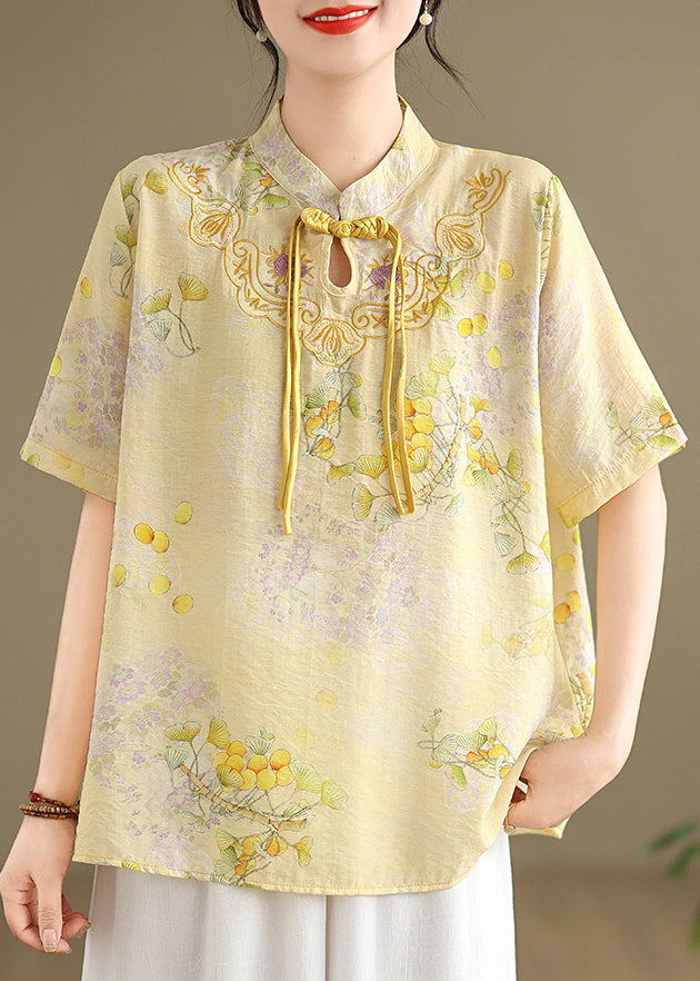 Yellow Tasseled Print Linen Blouses Summer