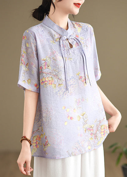 Yellow Tasseled Print Linen Blouses Summer