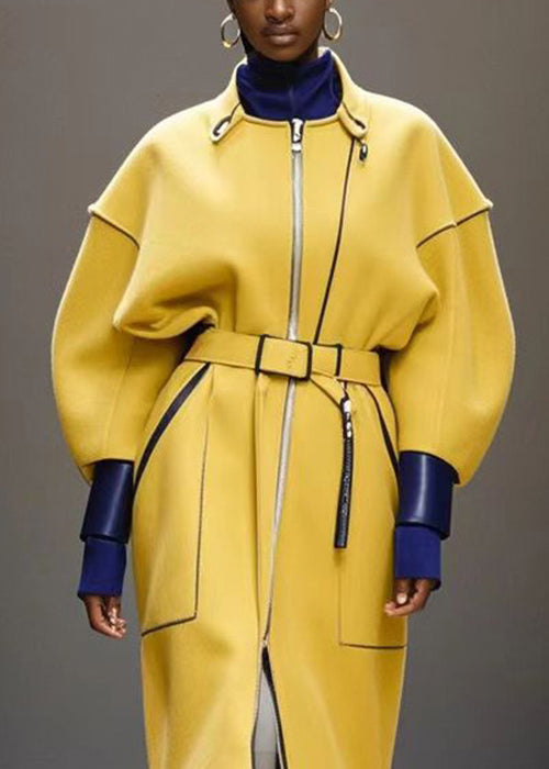 Yellow Tie Waist Patchwork Woolen Trench Batwing Sleeve