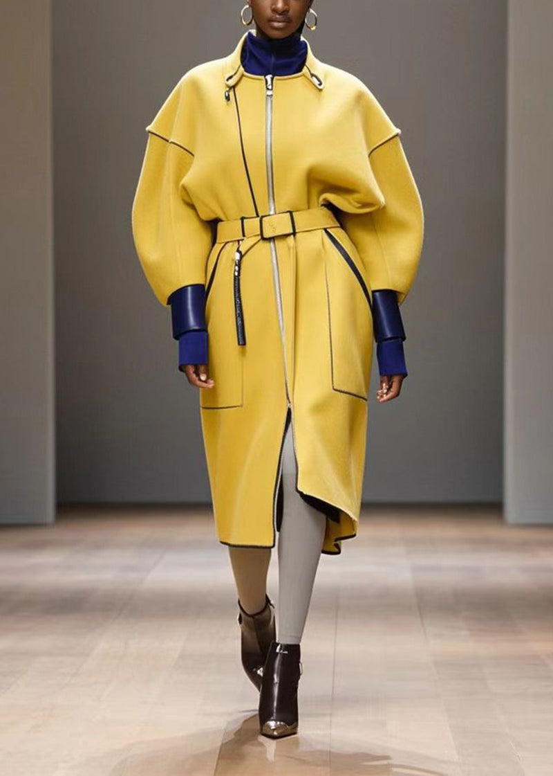 Yellow Tie Waist Patchwork Woolen Trench Batwing Sleeve