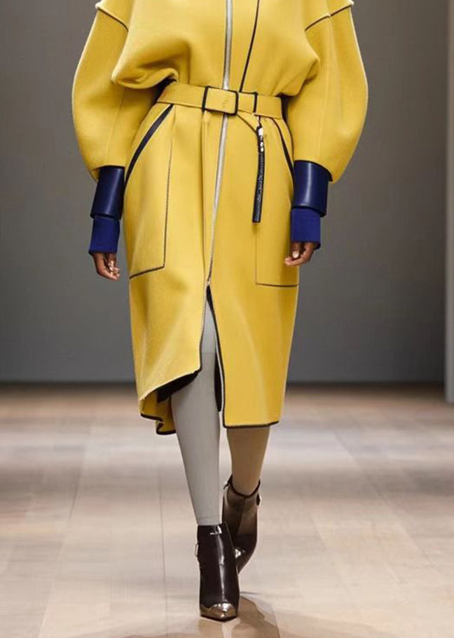 Yellow Tie Waist Patchwork Woolen Trench Batwing Sleeve