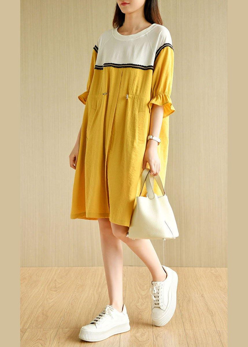 Yellow Tie Waist Pockets Patchwork Summer Vacation Dress Half Sleeve