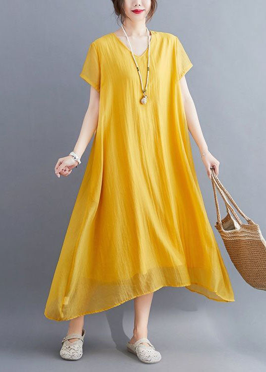 Yellow V Neck Asymmetrical Design Cotton Maxi Dresses Summer