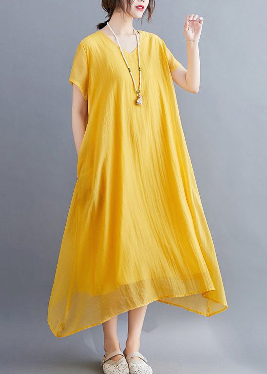 Yellow V Neck Asymmetrical Design Cotton Maxi Dresses Summer