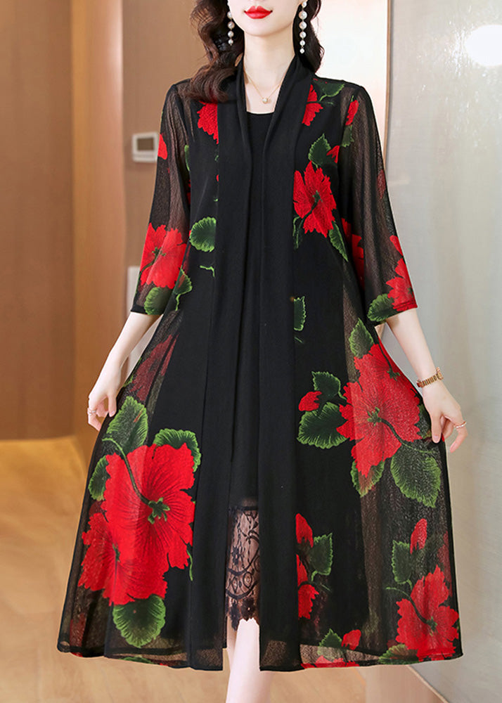 Yellow V Neck Print Ice Silk Chiffon Long Sunscreen Cardigans Summer