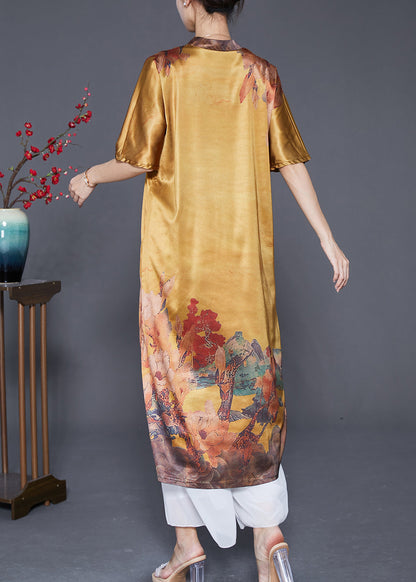 Yellow V Neck Print Silk Party Dress Summer
