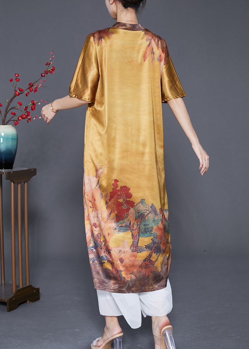 Yellow V Neck Print Silk Party Dress Summer