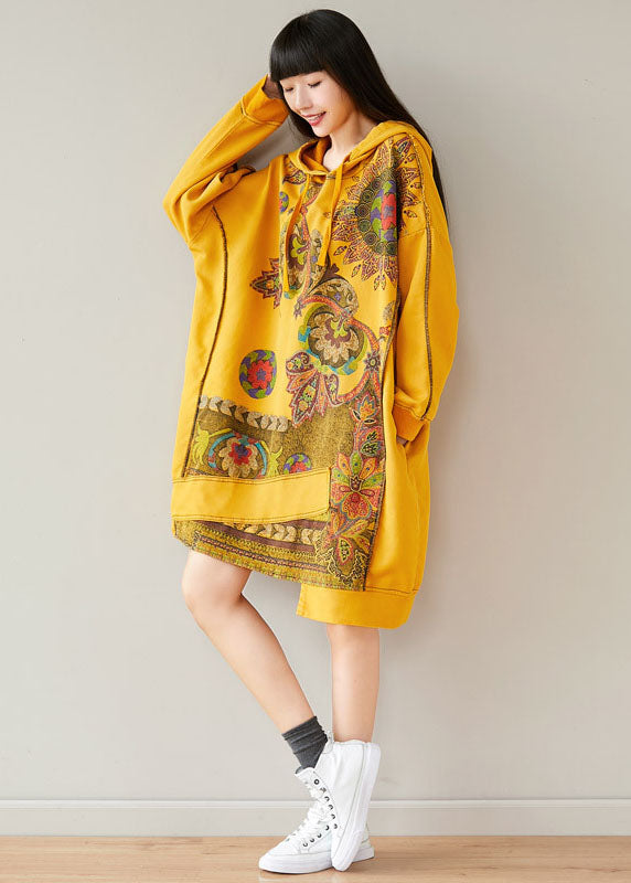 Yellow Drawstring Hooded Sweatshirts Dresses Spring