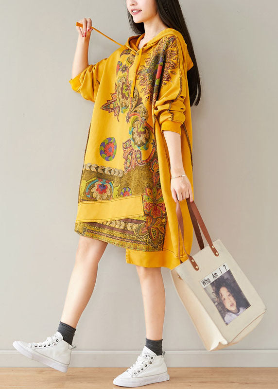 Yellow Drawstring Hooded Sweatshirts Dresses Spring