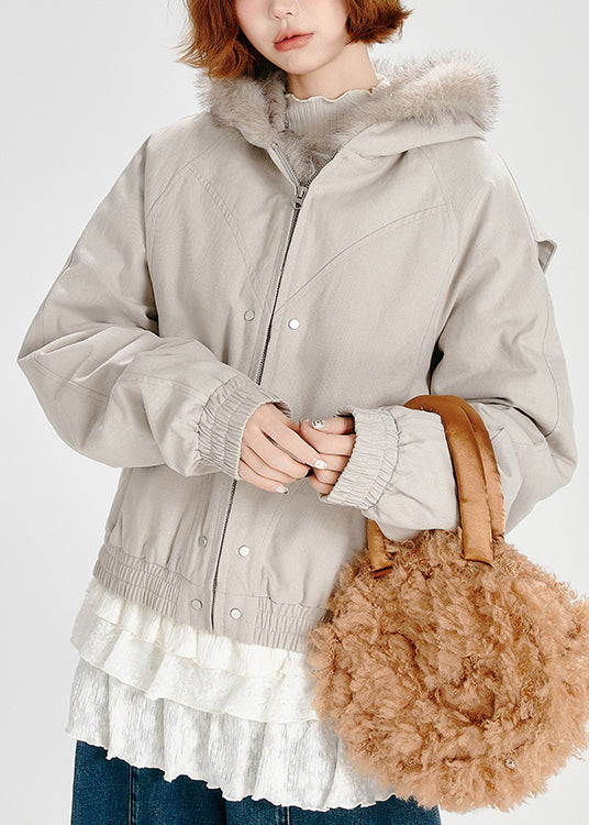 Zip Up Fuzzy Fur Patchwork Fine Cotton Filled Hooded Jacket Winter