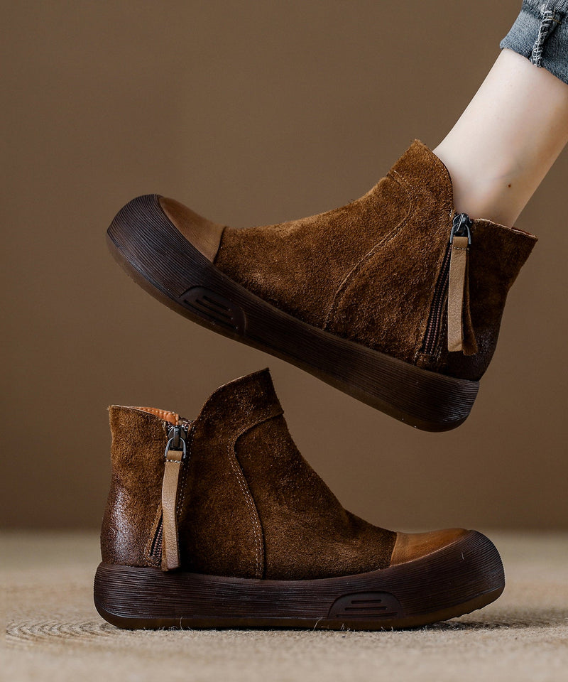 Zippered Splicing Platform Boots Khaki Suede