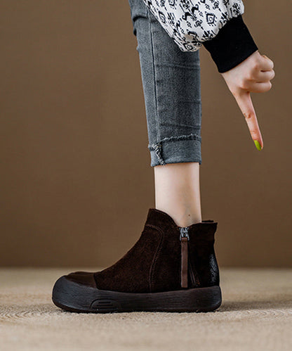 Zippered Splicing Platform Boots Khaki Suede