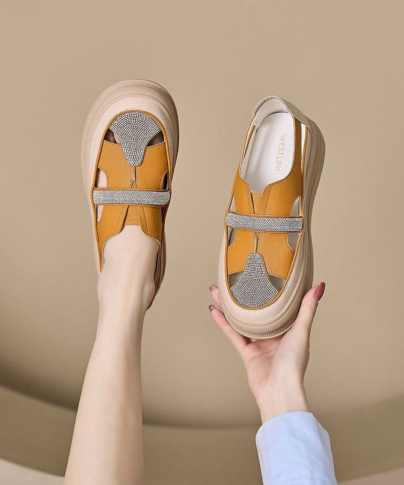 Zircon Splicing Hollow Out Platform Walking Sandals Yellow