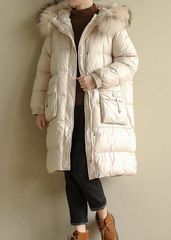 Beige Warm Winter Coat Oversize Hooded Winter Jacket Faux Fur Collar New Winter Outwear