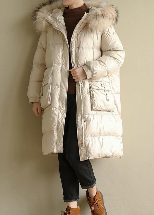 Beige Warm Winter Coat Oversize Hooded Winter Jacket Faux Fur Collar New Winter Outwear
