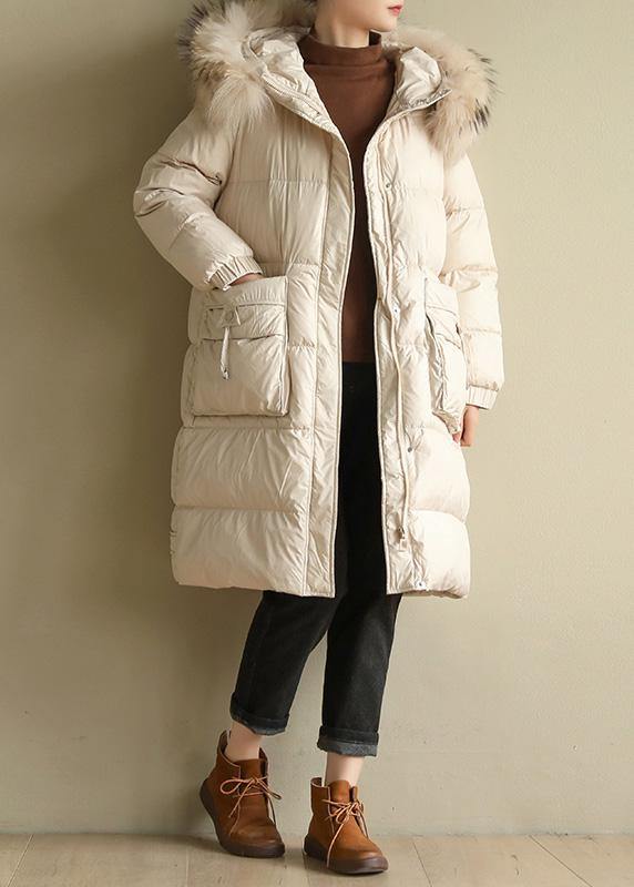 Beige Warm Winter Coat Oversize Hooded Winter Jacket Faux Fur Collar New Winter Outwear