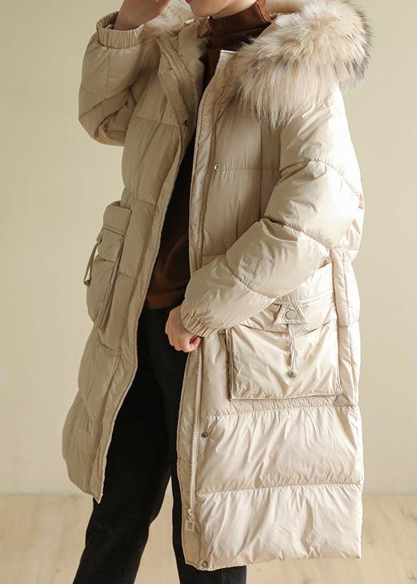 Beige Warm Winter Coat Oversize Hooded Winter Jacket Faux Fur Collar New Winter Outwear
