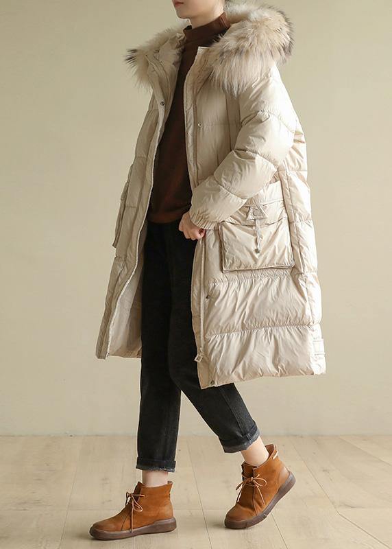 Beige Warm Winter Coat Oversize Hooded Winter Jacket Faux Fur Collar New Winter Outwear