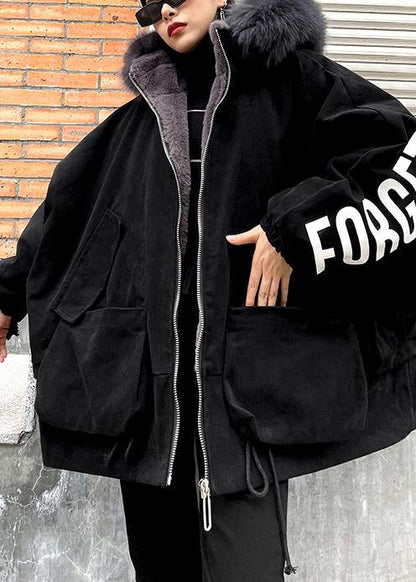 Black Letter Coats Snow Jackets Faux Fur Collar Pockets Coats