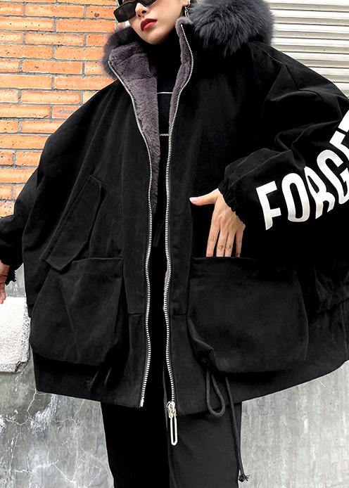 Black Letter Coats Snow Jackets Faux Fur Collar Pockets Coats