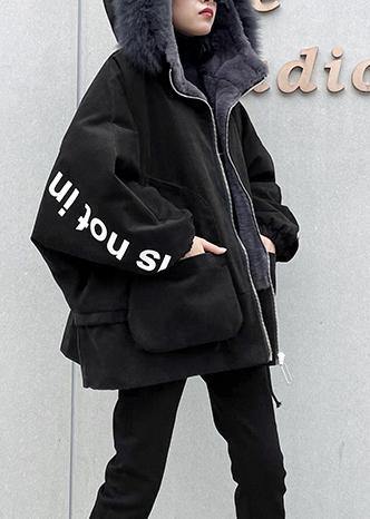 Black Letter Coats Snow Jackets Faux Fur Collar Pockets Coats